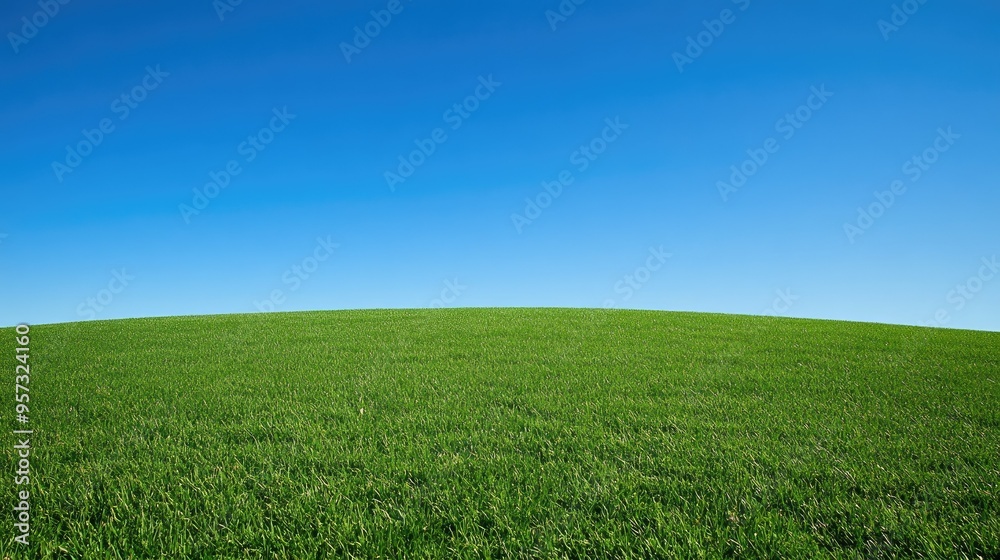 Lush green meadow under clear blue sky 