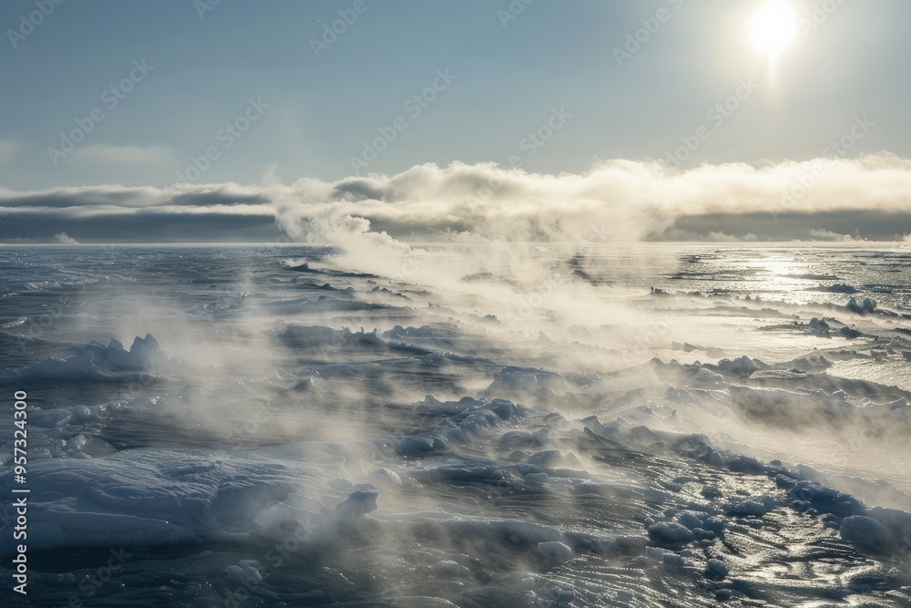 Obraz premium Evaporation of Barents Sea in Arctic Ocean. A Landscape of Water and Waves with Haze and Fog