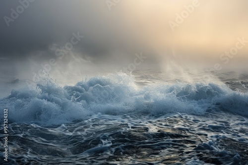 Fototapeta Naklejka Na Ścianę i Meble -  Evaporation of Barents Sea, Arctic Ocean. Water Waves and Atmospheric Haze