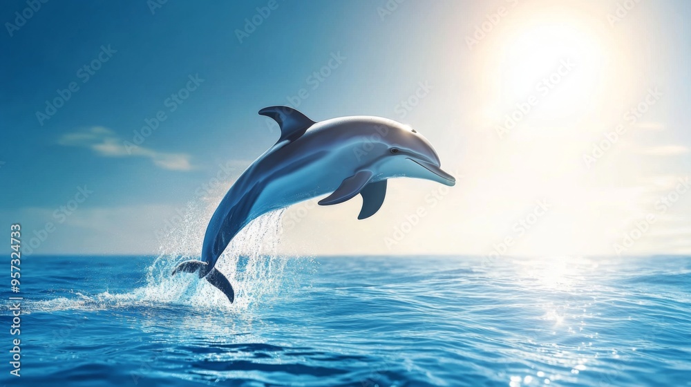 Obraz premium A playful dolphin leaping out of the clear blue ocean with the sun shining brightly above, creating a joyful splash and capturing the essence of marine life