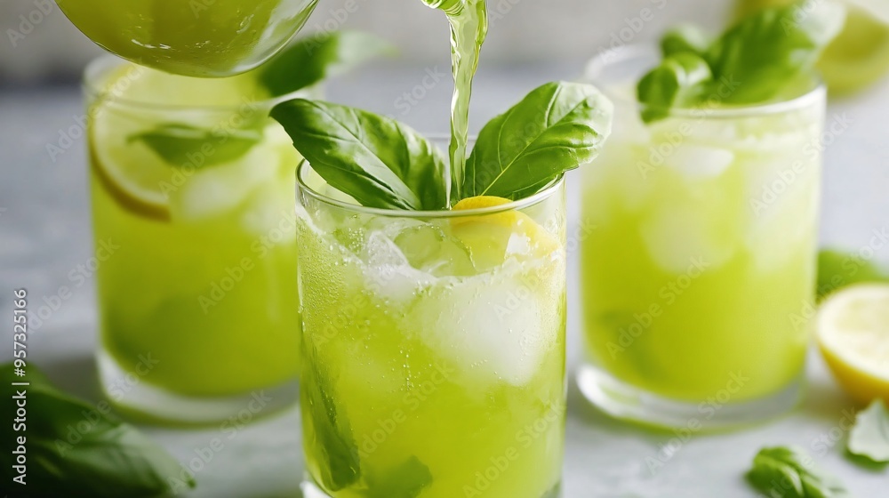 A vibrant green basil lemonade being poured into a glass, with basil leaves and lemon slices as garnish A vibrant green basil lemonade being poured into a glass, with basil leaves and lemon slices as garnish