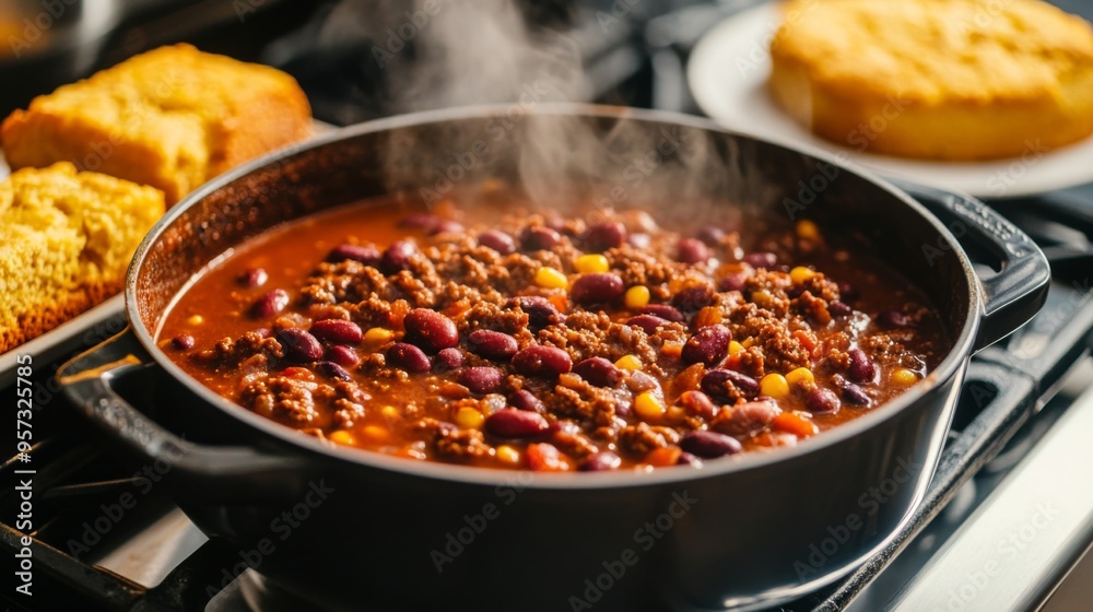A pot of homemade chili with beans, ground beef, and spices, simmering on the stove with steam rising, served with a side of cornbread for a hearty meal. A pot of homemade chili with beans, ground beef, and spices, simmering on the stove with steam rising, served with a side of cornbread for a hearty meal.
