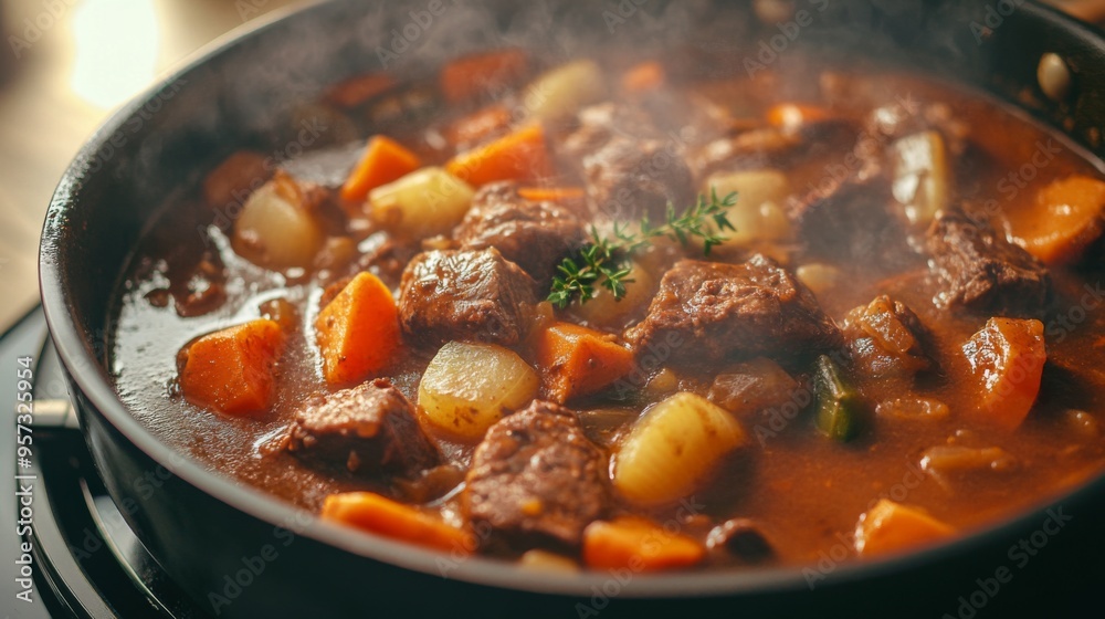 A pot of rich, savory beef stew with tender meat and root vegetables, cooking on the stovetop with steam escaping, showcasing the comforting and hearty nature of the dish. A pot of rich, savory beef stew with tender meat and root vegetables, cooking on the stovetop with steam escaping, showcasing the comforting and hearty nature of the dish.