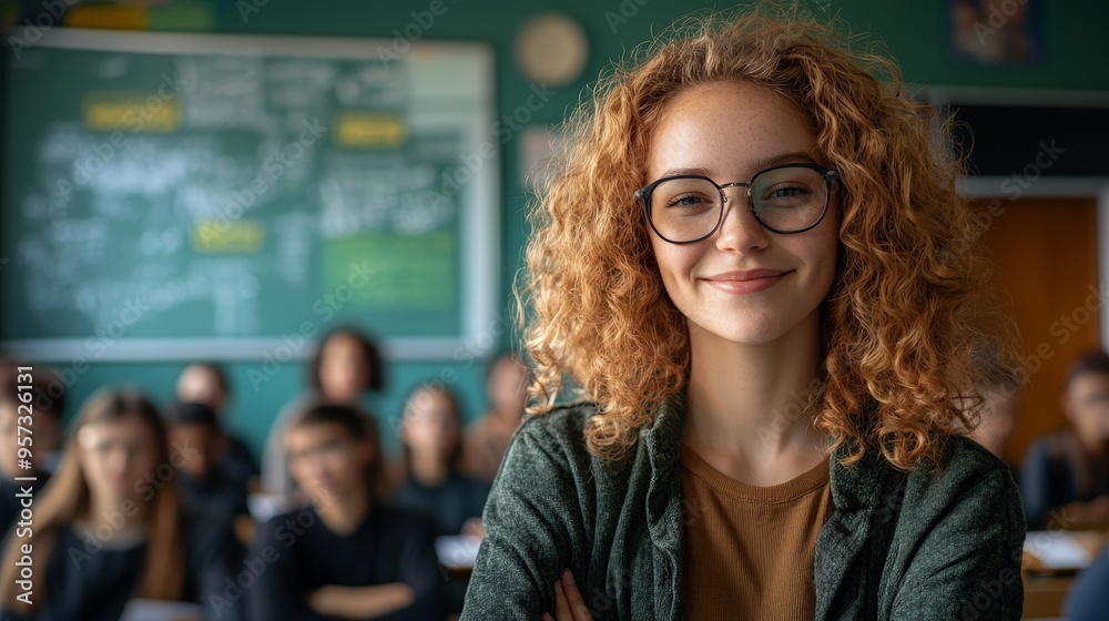 Warm Smile of a Cheerful Teacher in a Lively Classroom Warm Smile of a Cheerful Teacher in a Lively Classroom