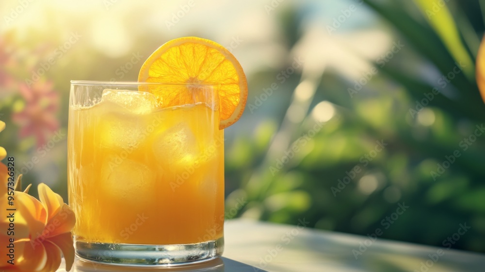 A refreshing glass of freshly squeezed orange juice with ice cubes and a slice of orange garnish, set on a sunny breakfast table with a vibrant, summery backdrop. A refreshing glass of freshly squeezed orange juice with ice cubes and a slice of orange garnish, set on a sunny breakfast table with a vibrant, summery backdrop.