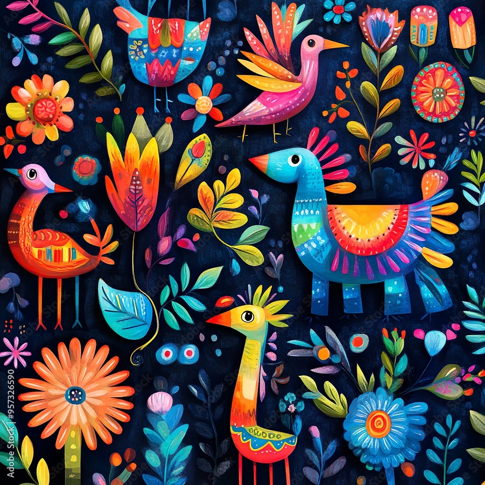 Obraz premium Folk art inspired design with colorful animals and traditional cultural symbols background