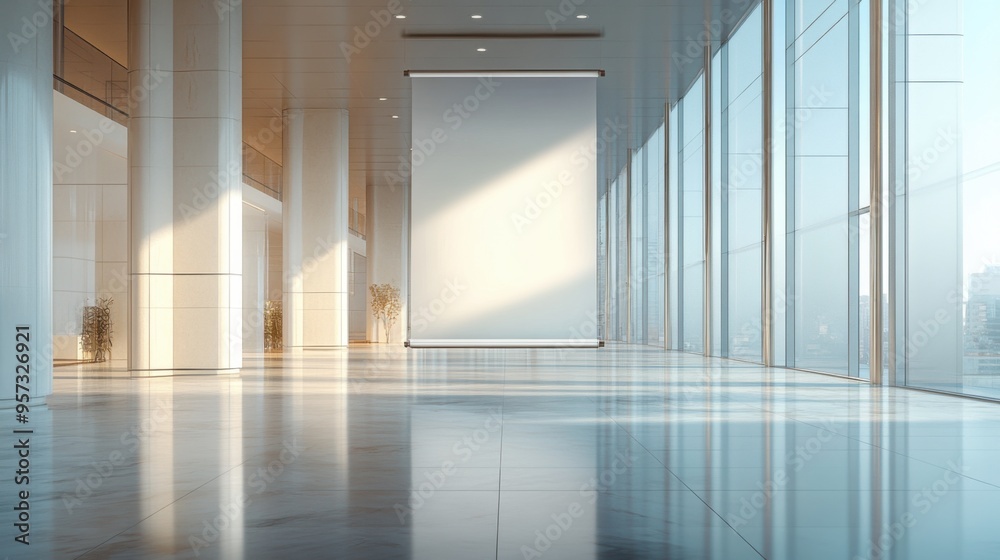 Obraz premium A 3D render of a blank roll-up banner in a sleek exhibition hall