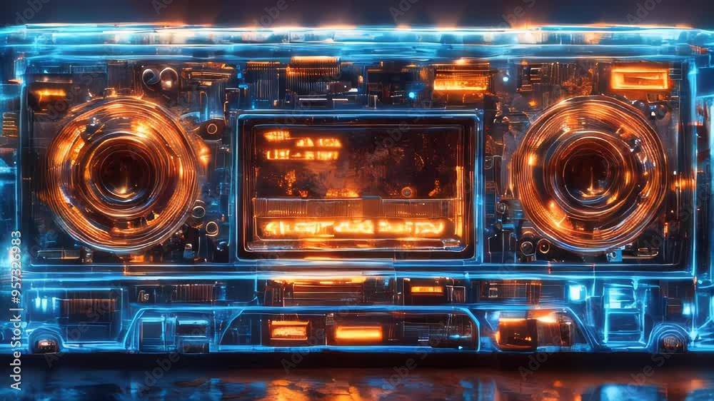 A glowing, transparent neon blue cassette tape against a dark background, showcasing a retro vibe A glowing, transparent neon blue cassette tape against a dark background, showcasing a retro vibe