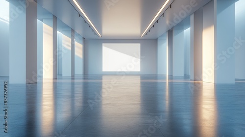 A 3D render of a blank roll-up banner in a sleek exhibition hall photo