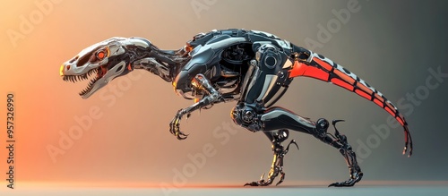 Fototapeta Naklejka Na Ścianę i Meble -  3D illustration of a dinosaur raptor robot performing a jump from a rear perspective