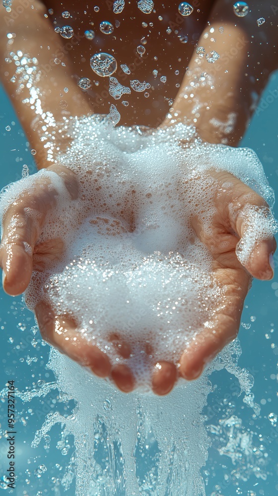 Fototapeta premium Close-up of hands washing with soap and water, creating bubbles and splashes against a blue background.