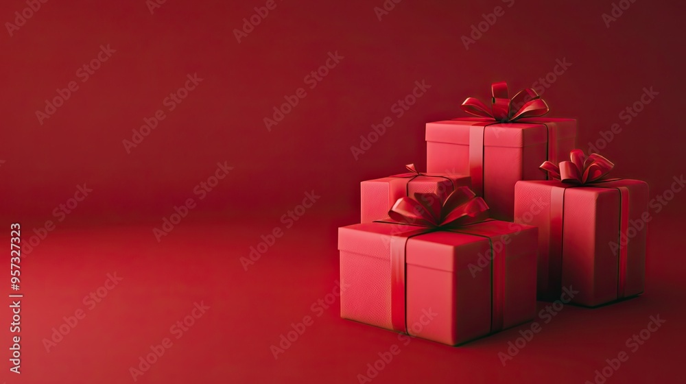 Pile of Red Gift Boxes on Red Background