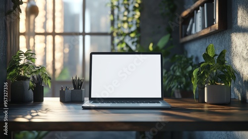 A 3D render of a blank screen laptop on a modern desk