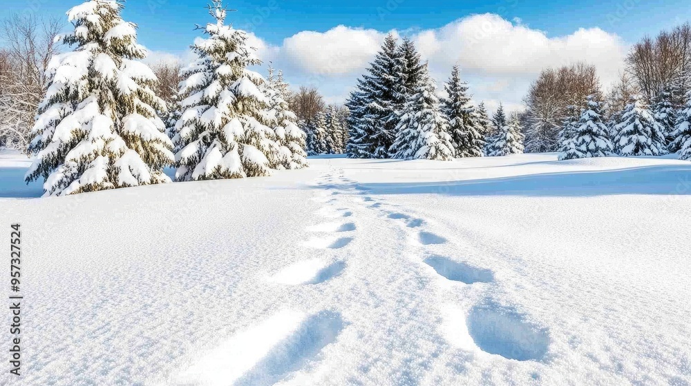 Discovering a tranquil winter wonderland with snow-covered trees and a winding trail leading into the serene blue sky Discovering a tranquil winter wonderland with snow-covered trees and a winding trail leading into the serene blue sky