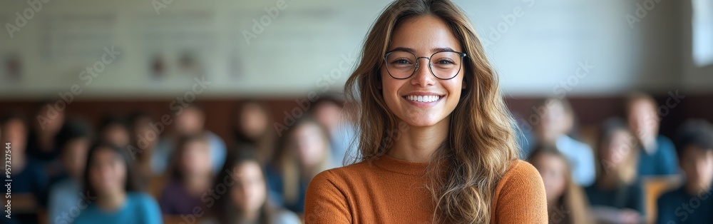 Warm Smile of a Cheerful Teacher in a Lively Classroom Warm Smile of a Cheerful Teacher in a Lively Classroom