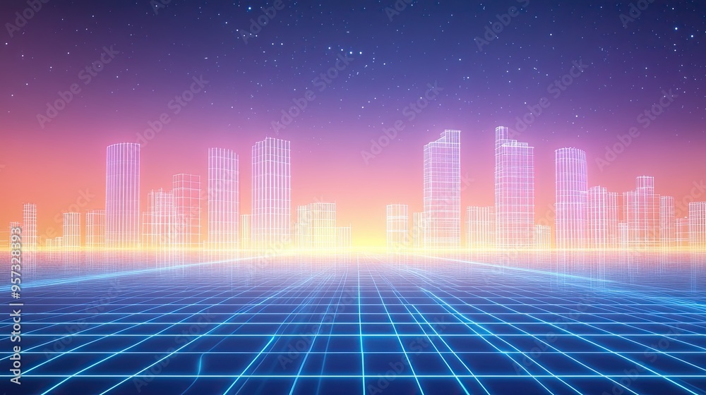 Obraz premium Futuristic Skyline with Tall, Sleek Buildings and a Glowing Digital Grid, Creating a Vibrant and Connected Atmosphere