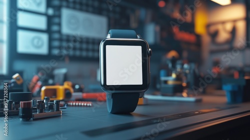 Wallpaper Mural A 3D render of a blank screen smartwatch on a high-tech workbench Torontodigital.ca