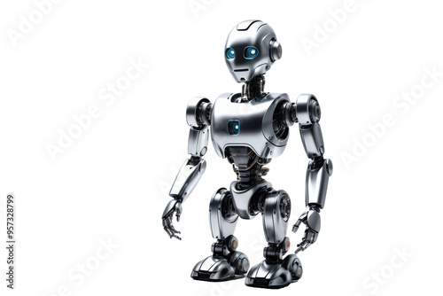 AI robot, highly detailed, isolated on a pristine white background, seamless, shadow underlining its metallic structure, focus on clean lines and futuristic design, digital render, ultra clear