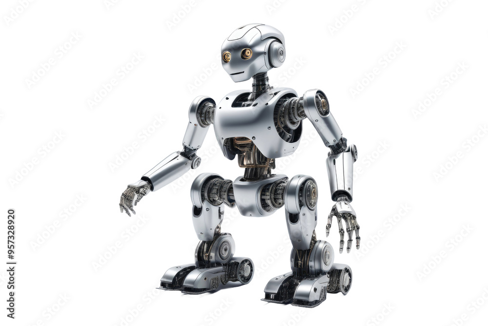 AI robot, highly detailed, isolated on a pristine white background, seamless, shadow underlining its metallic structure, focus on clean lines and futuristic design, digital render, ultra clear AI robot, highly detailed, isolated on a pristine white background, seamless, shadow underlining its metallic structure, focus on clean lines and futuristic design, digital render, ultra clear