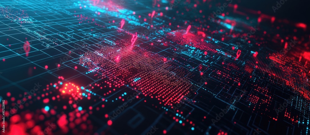 Naklejka premium 3D illustration of a global network featuring blockchain technology neural networks and artificial intelligence showcasing an abstract technological background with binary code elements