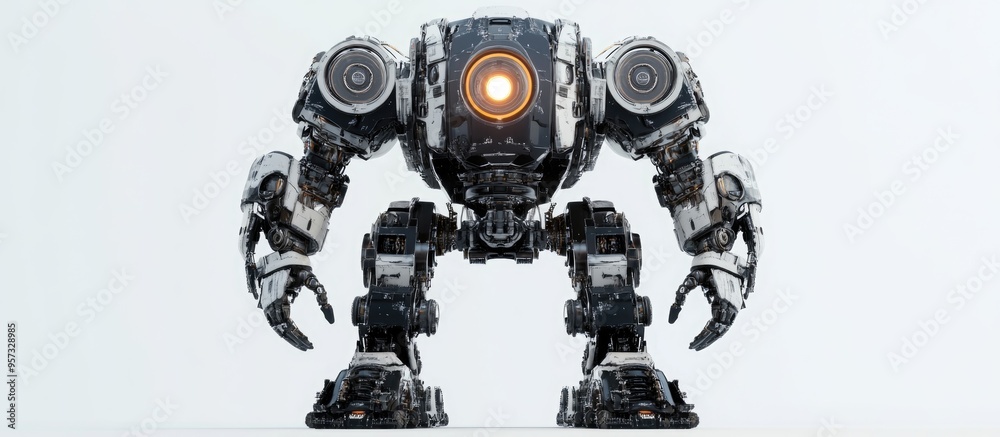3D illustration of a giant robot walking on a white background viewed from the front 3D illustration of a giant robot walking on a white background viewed from the front