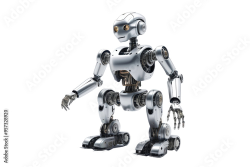 AI robot, highly detailed, isolated on a pristine white background, seamless, shadow underlining its metallic structure, focus on clean lines and futuristic design, digital render, ultra clear