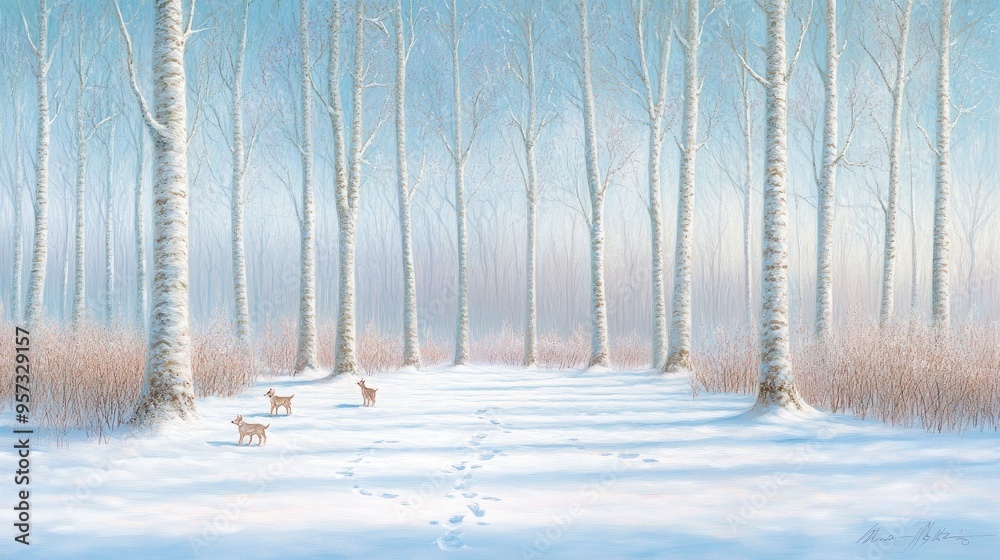 Discovering a tranquil winter wonderland with snow-covered trees and a winding trail leading into the serene blue sky Discovering a tranquil winter wonderland with snow-covered trees and a winding trail leading into the serene blue sky