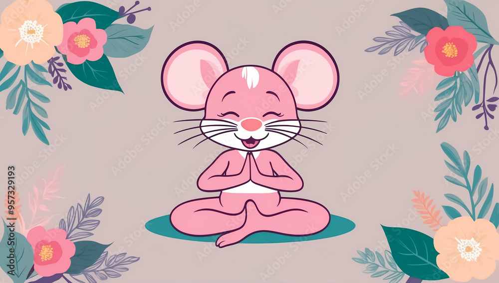 cute cartoon mouse yoga pose, flowers, flat design illustration cute cartoon mouse yoga pose, flowers, flat design illustration