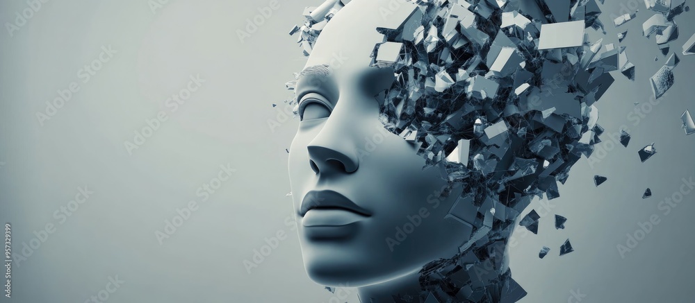 3D illustration of a humanoid head made up of geometric shapes Concept of artificial intelligence and robotic design 3D illustration of a humanoid head made up of geometric shapes Concept of artificial intelligence and robotic design