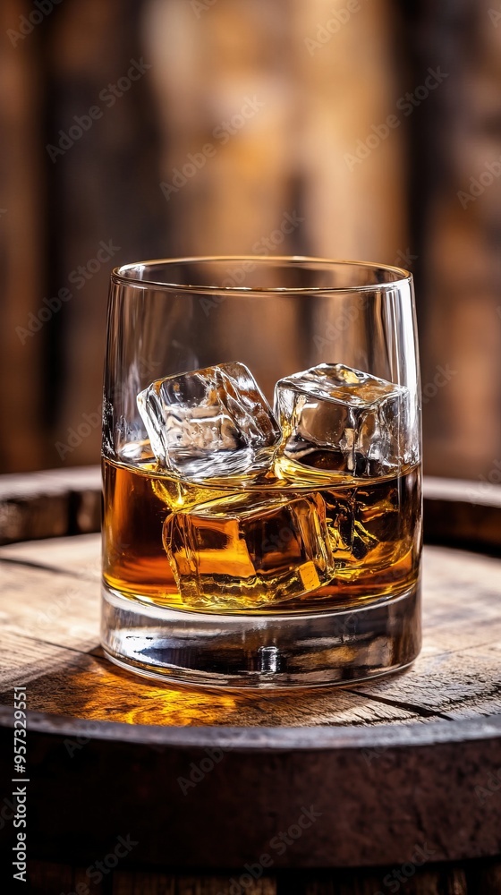 A glass of whiskey with ice cubes resting on a rustic wooden barrel, capturing the essence of relaxation and sophistication. A glass of whiskey with ice cubes resting on a rustic wooden barrel, capturing the essence of relaxation and sophistication.