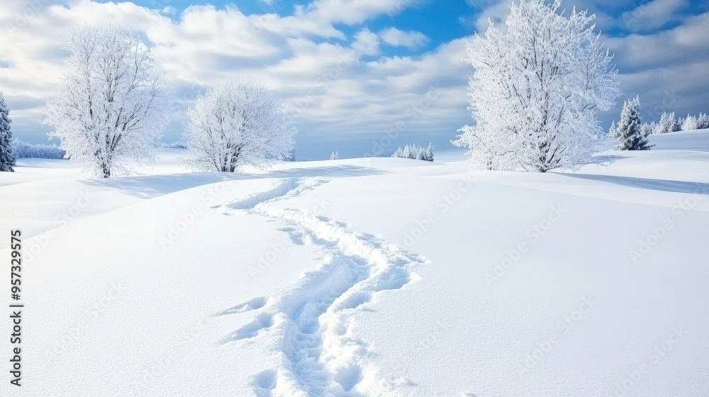 Discovering a tranquil winter wonderland with snow-covered trees and a winding trail leading into the serene blue sky Discovering a tranquil winter wonderland with snow-covered trees and a winding trail leading into the serene blue sky