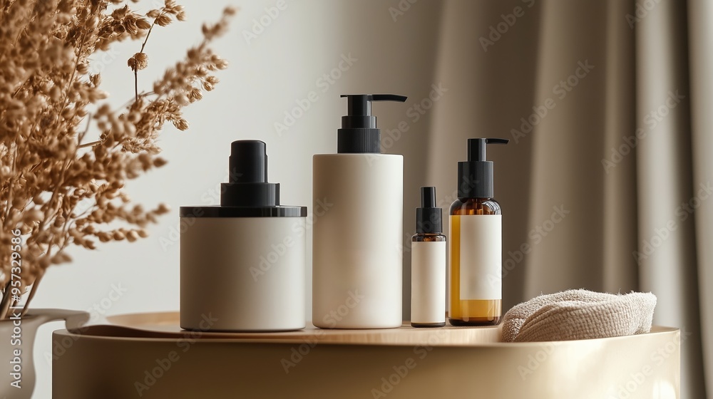 A serene bathroom countertop featuring an array of elegant skincare products in minimalist packaging complemented by dried floral accents A serene bathroom countertop featuring an array of elegant skincare products in minimalist packaging complemented by dried floral accents
