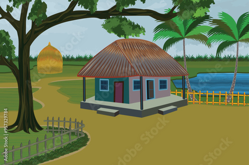 Village mud house with palm trees. Charming rural roadside landscape clipart perfect for cartoon scenes, featuring a traditional countryside background