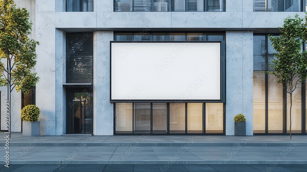 A 3D render of a blank storefront sign on a modern building
