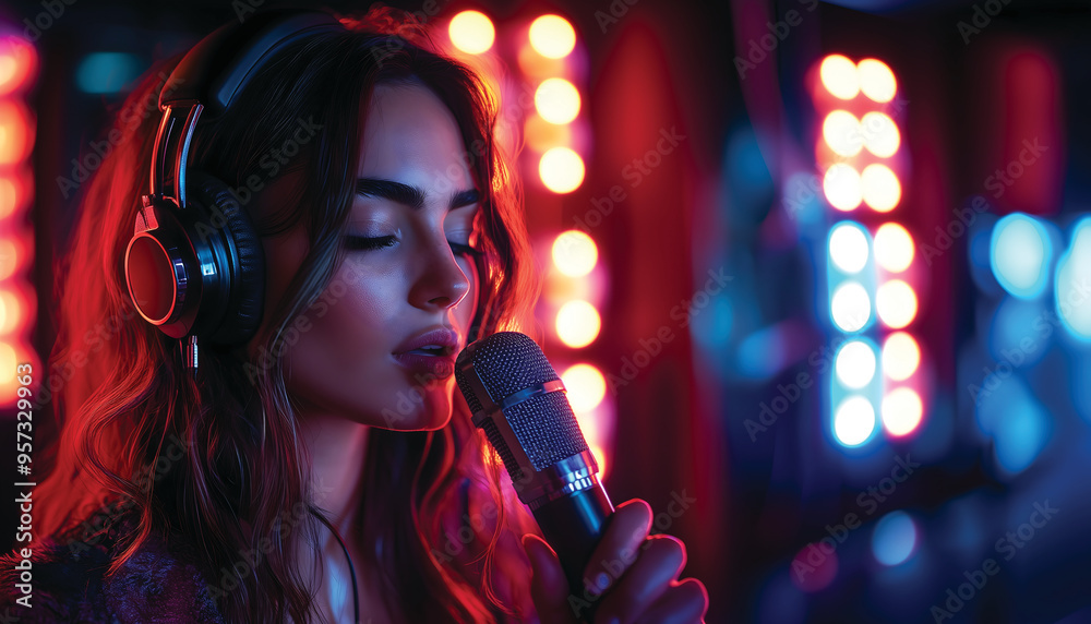 A young singer woman in a recording studio with neon lights behind her A young singer woman in a recording studio with neon lights behind her