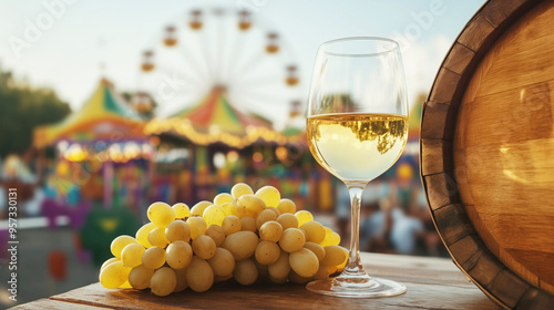 Weinkerwe in Baden am Kaiserstuhl mit Weinglas und Jahrmarkt im Hintergrund  photo