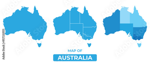 Vector Blue Australia political maps with borders regions simple flat illustration set 