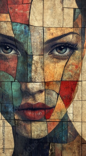 Colorful geometric portrait of a woman's face with expressive blue eyes