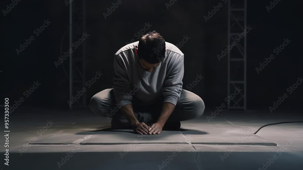 Construction worker in a dark room, illuminated by a spotlight, kneeling and touching the perfectly smooth concrete floor he has just finished Construction worker in a dark room, illuminated by a spotlight, kneeling and touching the perfectly smooth concrete floor he has just finished