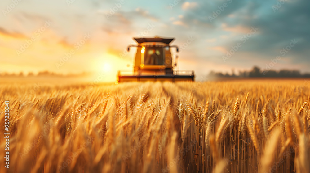 Fototapeta premium Combine Harvester Working Wheat Field