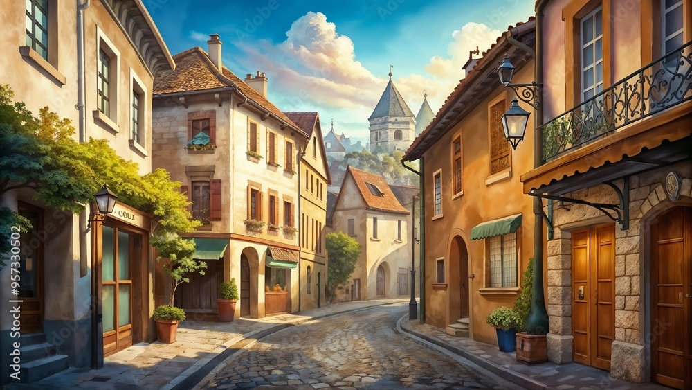 Fototapeta premium Charming street view with cozy buildings and greenery in a bright sunny atmosphere