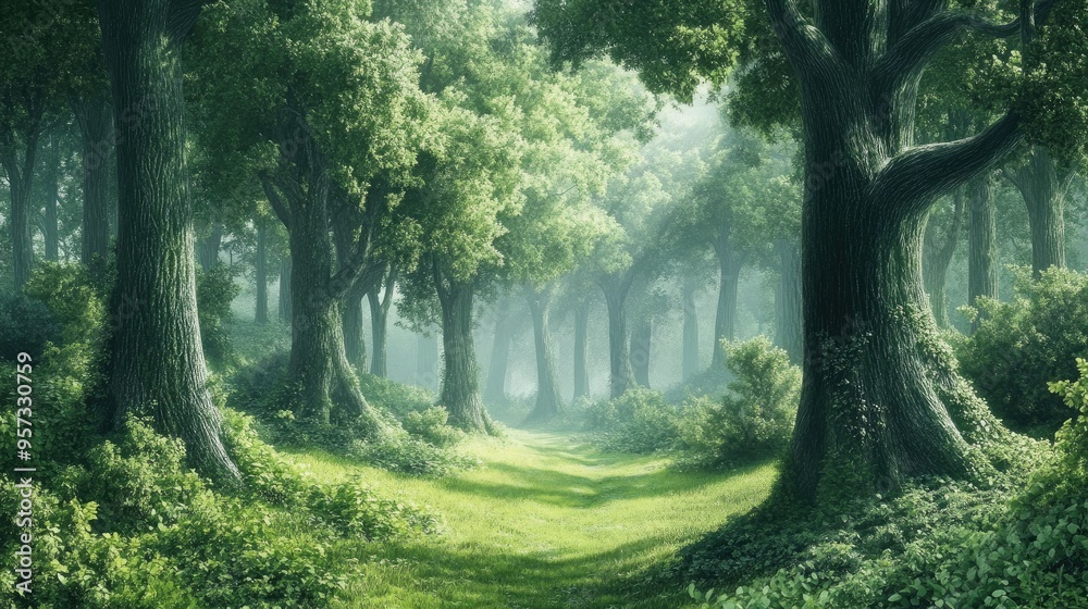 Obraz premium A beautiful fairytale enchanted forest with big trees and great vegetation 
