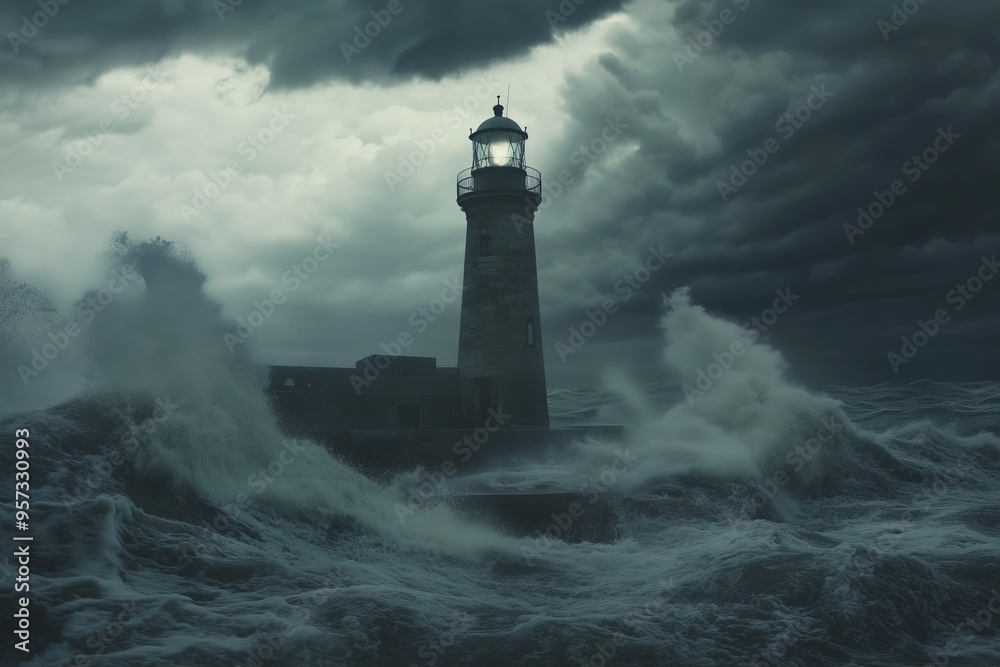 A lighthouse stands strong amidst crashing waves and dark storm clouds, illuminating the turbulent sea in dramatic lighting. A lighthouse stands strong amidst crashing waves and dark storm clouds, illuminating the turbulent sea in dramatic lighting.