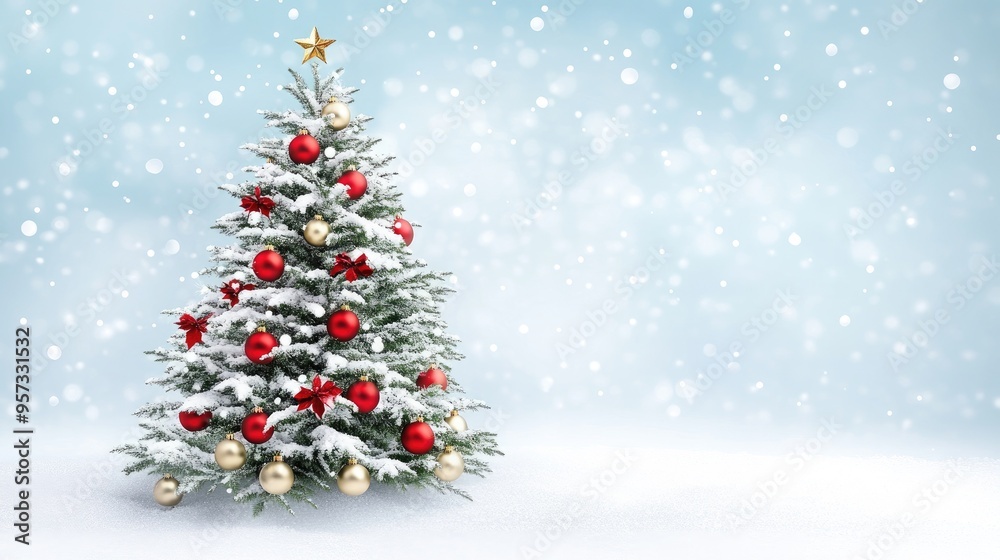A beautifully decorated Christmas tree with red and golden ornaments nestled in a snowy wonderland surrounded by sparkling lights A beautifully decorated Christmas tree with red and golden ornaments nestled in a snowy wonderland surrounded by sparkling lights