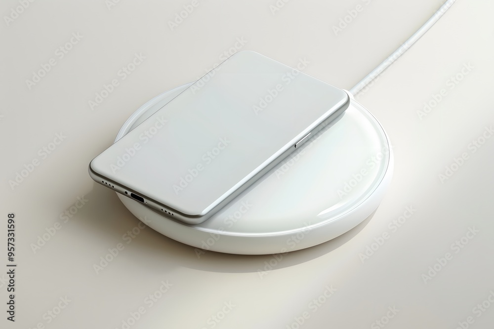 A 3D render of a white wireless charging pad with a phone placed on top, set against a neutral, isolated background. A 3D render of a white wireless charging pad with a phone placed on top, set against a neutral, isolated background.