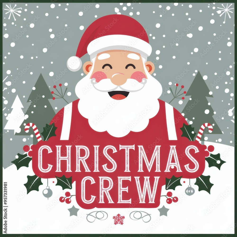 Jolly Santa with Christmas Crew Text in Snowy Holiday Scene. Jolly Santa with Christmas Crew Text in Snowy Holiday Scene.