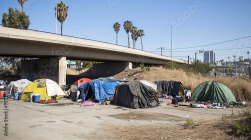 Urban Homeless Encampment Under Bridge