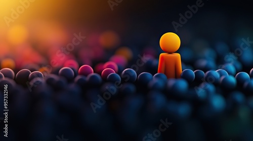 A vibrant scene featuring a lone orange figure amidst a sea of colorful spheres, symbolizing individuality in a crowd.