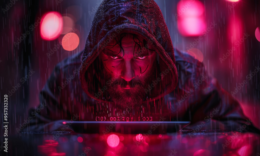 A man with a hoodie on is looking at a tablet. The image has a mood of darkness and mystery A man with a hoodie on is looking at a tablet. The image has a mood of darkness and mystery