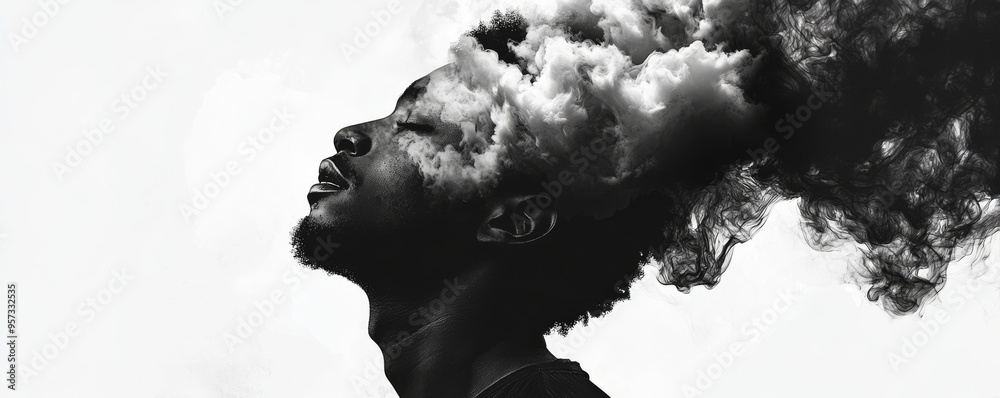 Surreal black and white portrait of man merging with clouds Surreal black and white portrait of man merging with clouds
